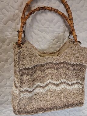 Natural Beige Crochet Woven Tote with Bamboo Handles Neutral Colors